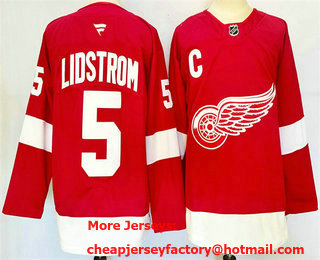 Men's Detroit Red Wings #5 Nicklas Lidstrom Red 2024 Stitched Jersey