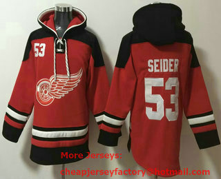 Men's Detroit Red Wings #53 Moritz Seider Red Ageless Must Have Lace Up Pullover Hoodie
