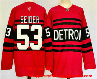 Men's Detroit Red Wings 53 Moritz Seider Red 2024 Reverse Retro Stitched Jersey