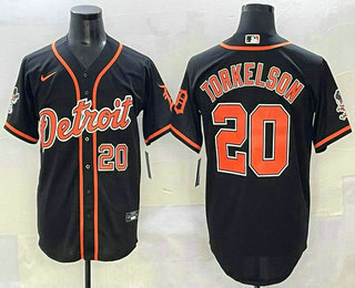 Men's Detroit Tigers #20 Spencer Torkelson Number Black With Patch Cool Base Stitched Baseball Jersey