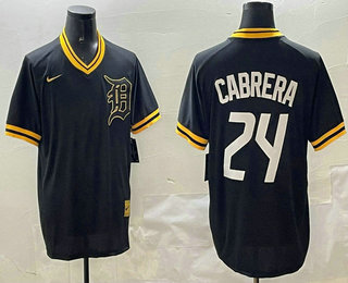 Men's Detroit Tigers #24 Miguel Cabrera Black Gold Nike Cooperstown Legend V Neck Jersey