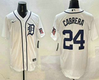 Men's Detroit Tigers #24 Miguel Cabrera White With Patch Stitched Cool Base Nike Jersey