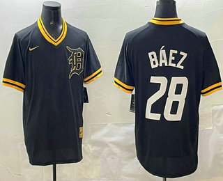Men's Detroit Tigers #28 Javier Baez Black Gold Nike Cooperstown Legend V Neck Jersey