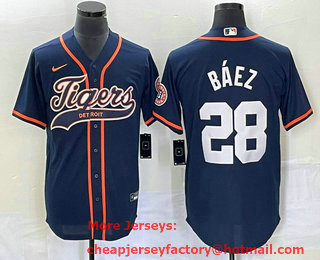 Men's Detroit Tigers #28 Javier Baez Navy Blue Cool Base Stitched Baseball Jersey
