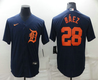 Men's Detroit Tigers #28 Javier Baez Navy Blue Stitched Cool Base Nike Jersey 01