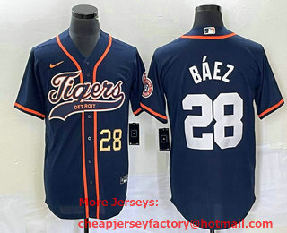 Men's Detroit Tigers #28 Javier Baez Number Navy Blue Cool Base Stitched Baseball Jersey