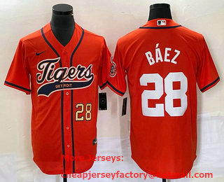 Men's Detroit Tigers #28 Javier Baez Number Orange Cool Base Stitched Baseball Jersey