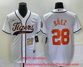 Men's Detroit Tigers #28 Javier Baez Number White Cool Base Stitched Baseball Jersey