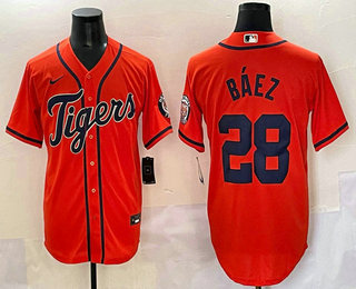 Men's Detroit Tigers #28 Javier Baez Orange With Patch Cool Base Stitched Baseball Jersey