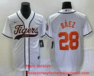 Men's Detroit Tigers #28 Javier Baez White Cool Base Stitched Baseball Jersey