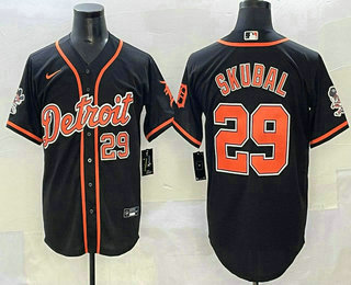 Men's Detroit Tigers #29 Tarik Skubal Number Black With Patch Cool Base Stitched Baseball Jersey