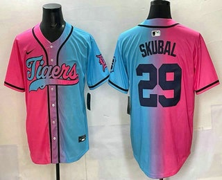 Men's Detroit Tigers #29 Tarik Skubal Pink Blue Split Limited Baseball Jersey