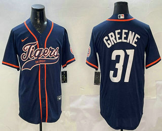 Men's Detroit Tigers #31 Riley Greene Navy With Patch Cool Base Stitched Baseball Jersey