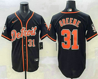 Men's Detroit Tigers #31 Riley Greene Number Black With Patch Cool Base Stitched Baseball Jersey