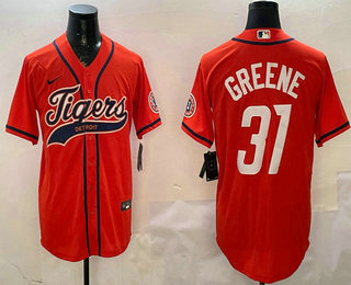 Men's Detroit Tigers #31 Riley Greene Orange With Patch Cool Base Stitched Baseball Jersey