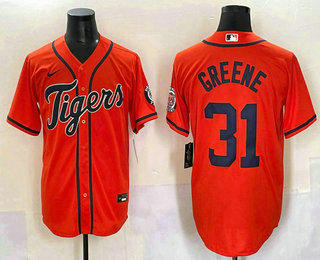 Men's Detroit Tigers #31 Riley Greene Orange With Patch Cool Base Stitched Baseball Jersey