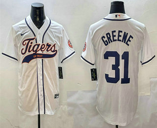 Men's Detroit Tigers #31 Riley Greene White With Patch Cool Base Stitched Baseball Jersey