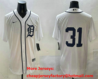 Men's Detroit Tigers #31 Riley Greene White Without Name Cool Base Stitched Baseball Jersey