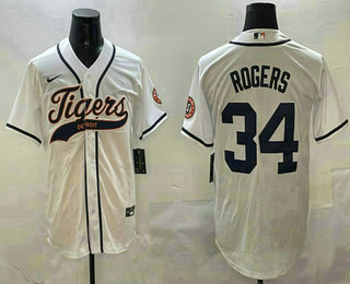 Men's Detroit Tigers #34 Jake Rogers White With Patch Cool Base Stitched Baseball Jersey