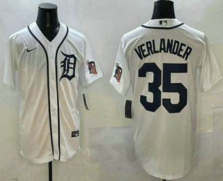 Men's Detroit Tigers #35 Justin Verlander White With Patch Stitched Cool Base Nike Jersey