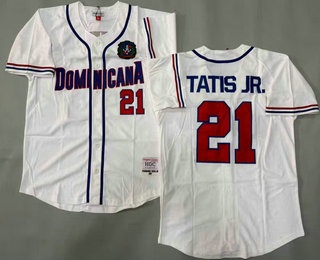Men's Dominican #21 Fernando Tatis Jr White Baseball Stitched Jersey