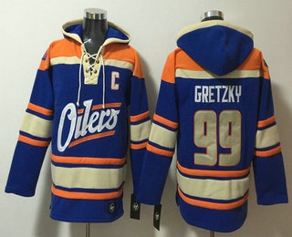 Men's Edmonton Oilers #99 Wayne Gretzky Blue Lace Up Pullover Hoodie