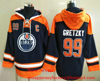 Men's Edmonton Oilers #99 Wayne Gretzky Navy Blue Ageless Must Have Lace Up Pullover Hoodie