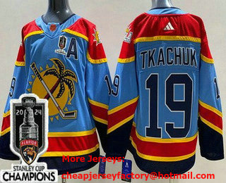 Men's Florida Panthers #19 Matthew Tkachuk Blue Reverse Retro 2024 Stanley Cup Champions Authentic Jersey