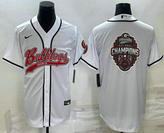 Men's Georgia Bulldogs White Champions Big Logo With Patch Cool Base Stitched Baseball Jersey