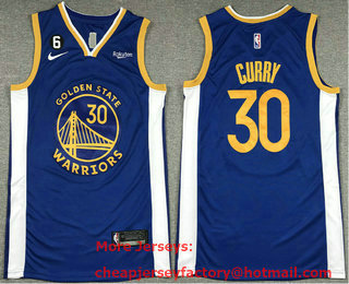 Men's Golden State Warriors #30 Stephen Curry Blue With No 6 Patch Stitched Jersey