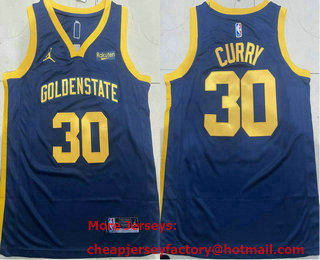 Men's Golden State Warriors #30 Stephen Curry Navy Blue Jordan 2022 Stitched Jersey With Sponsor