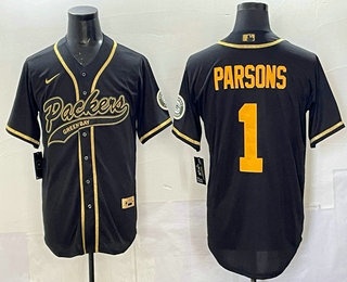 Men's Green Bay Packers #1 Micah Parsons Black Gold With Patch Cool Base Stitched Baseball Jersey
