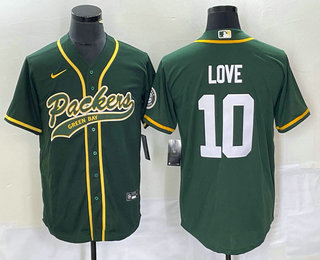 Men's Green Bay Packers #10 Jordan Love Green With Patch Cool Base Stitched Baseball Jersey