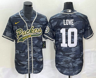 Men's Green Bay Packers #10 Jordan Love Grey Camo With Patch Cool Base Stitched Baseball Jersey