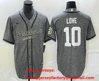 Men's Green Bay Packers #10 Jordan Love Grey Gridiron With Patch Cool Base Stitched Baseball Jersey