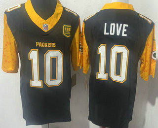 Men's Green Bay Packers #10 Jordan Love Limited Black 13 X World Champions FUSE Vapor Jersey