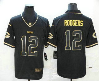 Men's Green Bay Packers #12 Aaron Rodgers Black 100th Season Golden Edition Jersey
