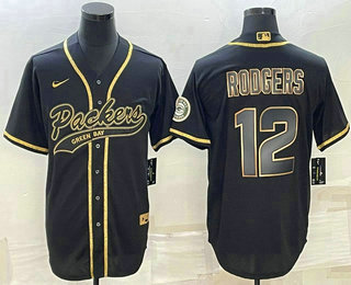 Men's Green Bay Packers #12 Aaron Rodgers Black Gold With Patch Cool Base Stitched Baseball Jersey