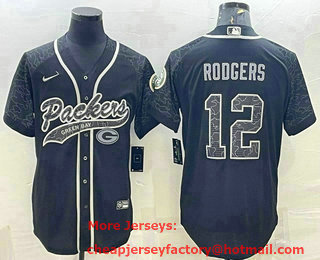 Men's Green Bay Packers #12 Aaron Rodgers Black Reflective With Patch Cool Base Stitched Baseball Jersey