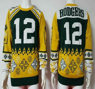 Men's Green Bay Packers #12 Aaron Rodgers Green With Yellow NFL Sweater