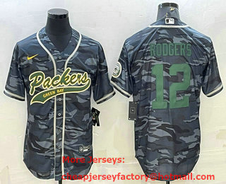 Men's Green Bay Packers #12 Aaron Rodgers Grey Green Camo With Patch Cool Base Stitched Baseball Jersey