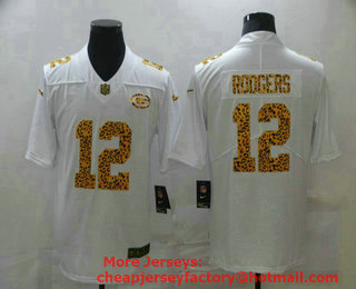Men's Green Bay Packers #12 Aaron Rodgers White 2020 Nike Flocked Leopard Print Vapor Limited NFL Jersey