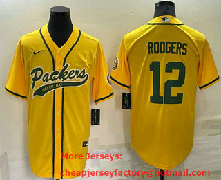 Men's Green Bay Packers #12 Aaron Rodgers Yellow Stitched MLB Cool Base Nike Baseball Jersey