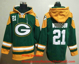 Men's Green Bay Packers #21 Charles Woodson Green Ageless Must Have Lace Up Pullover Hoodie