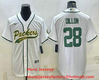 Men's Green Bay Packers #28 AJ Dillon White With Patch Cool Base Stitched Baseball Jersey