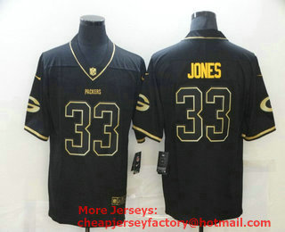 Men's Green Bay Packers #33 Aaron Jones Black 100th Season Golden Edition Jersey