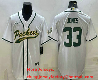 Men's Green Bay Packers #33 Aaron Jones White With Patch Cool Base Stitched Baseball Jersey