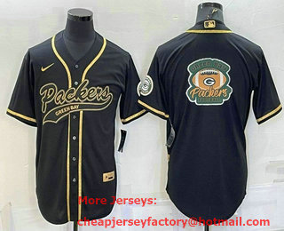 Men's Green Bay Packers Black Gold Team Big Logo With Patch Cool Base Stitched Baseball Jersey