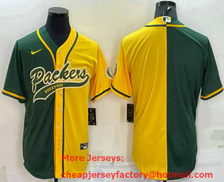Men's Green Bay Packers Blank Green Yellow Split With Patch Cool Base Stitched Baseball Jersey