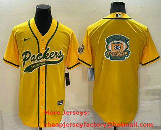 Men's Green Bay Packers Yellow Team Big Logo With Patch Cool Base Stitched Baseball Jersey